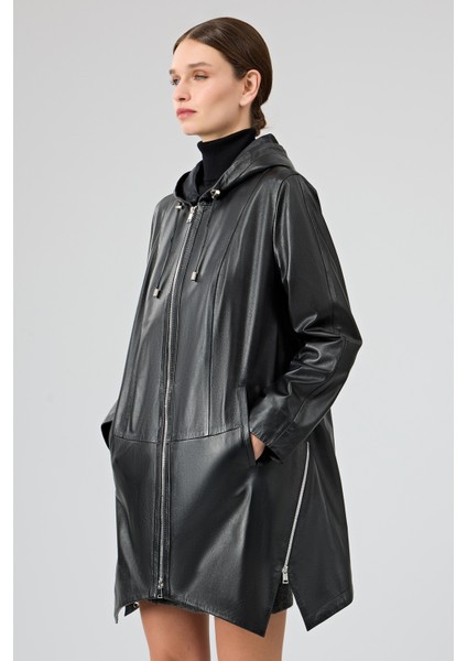 Daniela Kadın Siyah Kapüşonlu Oversize Deri Kaban 25WGE53281M fiyatları