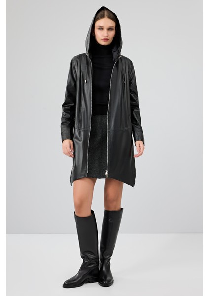 Daniela Kadın Siyah Kapüşonlu Oversize Deri Kaban 25WGE53281M indirimleri