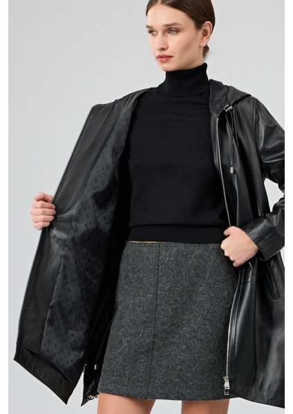Daniela Kadın Siyah Kapüşonlu Oversize Deri Kaban 25WGE53281M