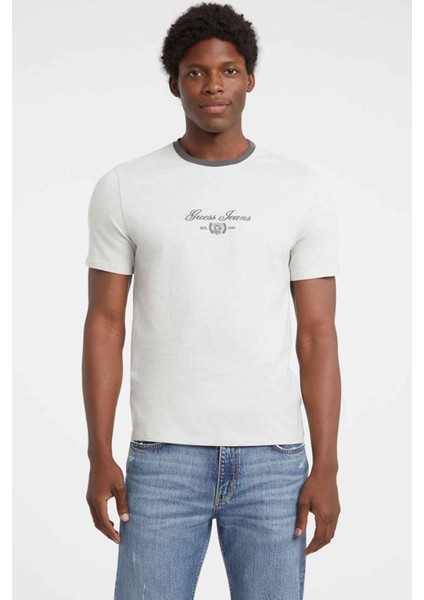 Erkek Logo Baskılı Slim Fit T-Shirt - Kırık Beyaz / Gri