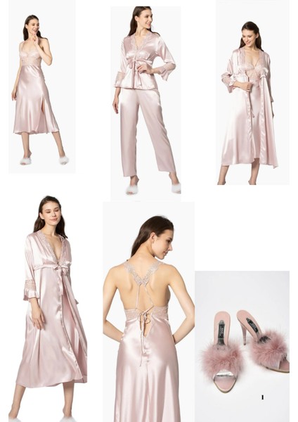 Kadın 6'lı Gelin Çeyiz Seti Gecelik & Sabahlık & Pijama Takımı & Şortlu Takım Terlik Hediyeli