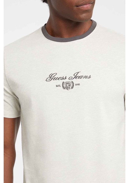 Erkek Logo Baskılı Slim Fit T-Shirt - Kırık Beyaz / Gri indirimleri