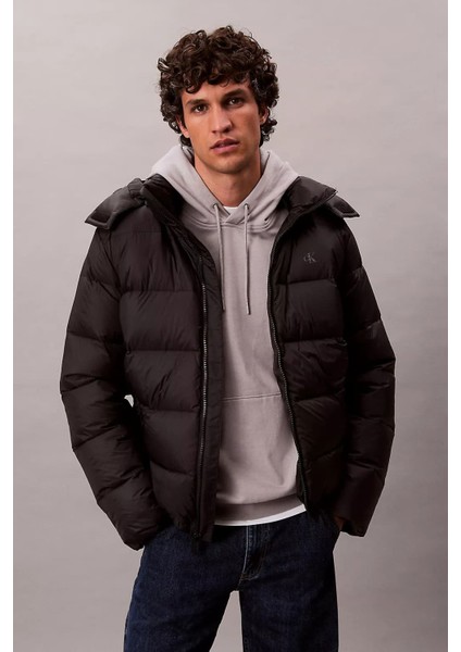 Erkek Normal Kalıp Çıkarılabilir Kapüşonlu Şişme Mont - Siyah