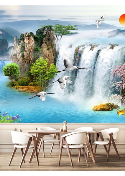 Şelale ve Kuşlar Desenli Isı ve Ses Yalıtımlı Sağlıklı Tekstil Duvar Kağıdı fiyatları