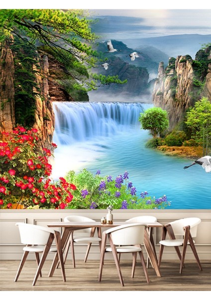 Şelale ve Kuşlar Desenli Isı ve Ses Yalıtımlı Sağlıklı Tekstil Duvar Kağıdı modelleri