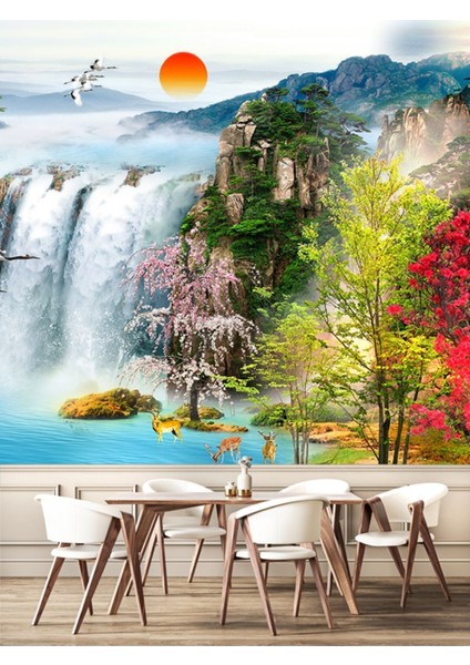 Şelale ve Kuşlar Desenli Isı ve Ses Yalıtımlı Sağlıklı Tekstil Duvar Kağıdı fırsatları