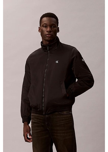 Erkek Rahat Kalıp Dik Yaka Dolgulu Harrington Ceket - Siyah