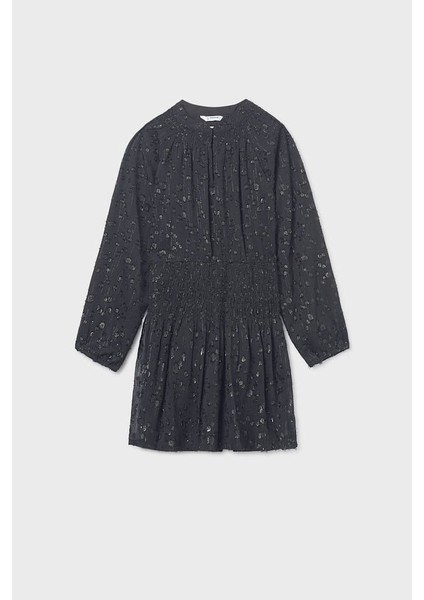 Kız Çocuk Normal Kalıp Beli Gipeli Dokulu Şifon Elbise - Siyah