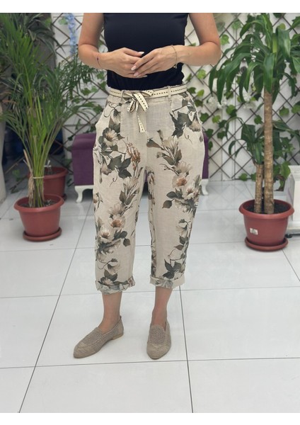 NC7232 Italyan Yüksek Bel Keten Bilek Pantolon Krem
