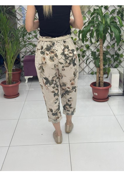 NC7232 Italyan Yüksek Bel Keten Bilek Pantolon Krem modelleri