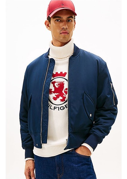 Erkek Rahat Kalıp Su Itici Beyzbol Yaka Bomber Ceket - Lacivert