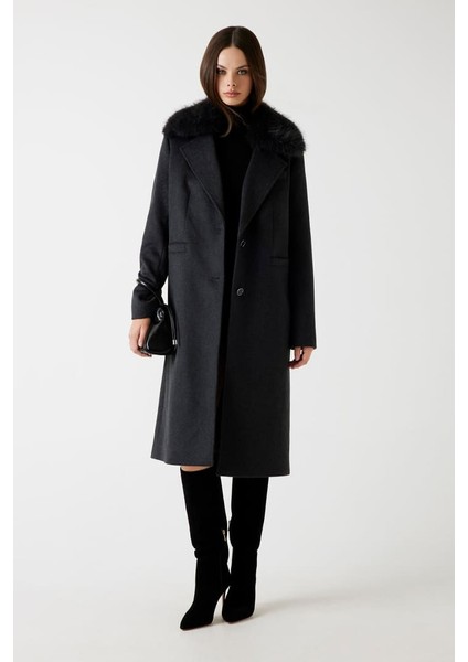 Kadın Karole Yün Karışımlı Kaban - Koyu Gri