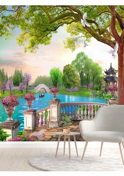 Çiçekli Dere Desenli Isı ve Ses Yalıtımlı Sağlıklı Tekstil Duvar Kağıdı