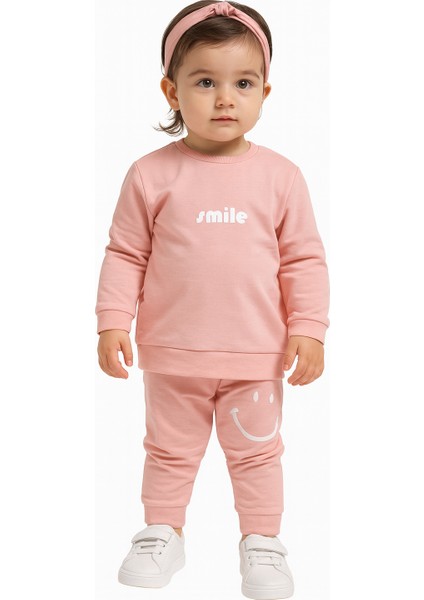 Kız Çocuk Eşofman Takımı Pembe – Smile Baskılı Sweatshirt ve Alt Takım – 1-6 Yaş