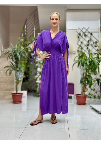 PT242500 Beli Lastikli Yaka Omuz Püsküllü Derin Yırtmaçlı Coton Elbise Mor