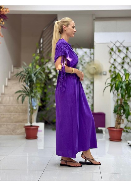 PT242500 Beli Lastikli Yaka Omuz Püsküllü Derin Yırtmaçlı Coton Elbise Mor fırsatları