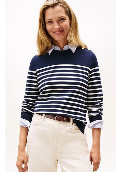 Kadın Regular Fit Omuzu Gold Düğmeli Çizgili Triko Kazak - Lacivert