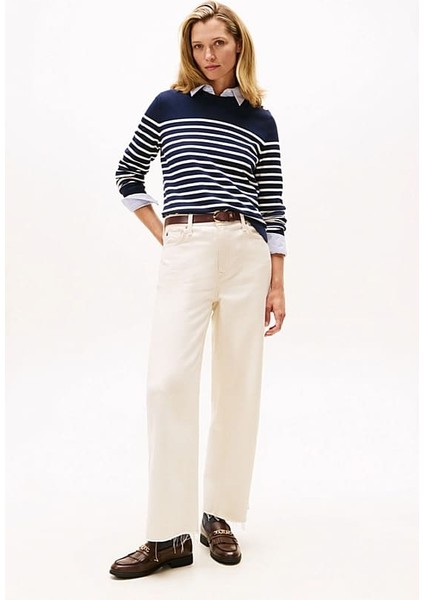 Kadın Regular Fit Omuzu Gold Düğmeli Çizgili Triko Kazak - Lacivert fiyatları