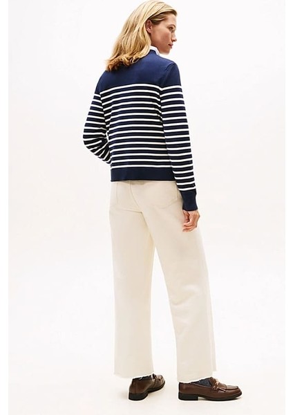 Kadın Regular Fit Omuzu Gold Düğmeli Çizgili Triko Kazak - Lacivert modelleri