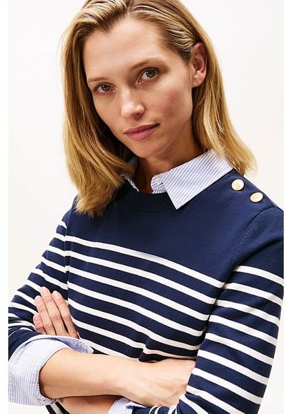 Kadın Regular Fit Omuzu Gold Düğmeli Çizgili Triko Kazak - Lacivert fırsatları