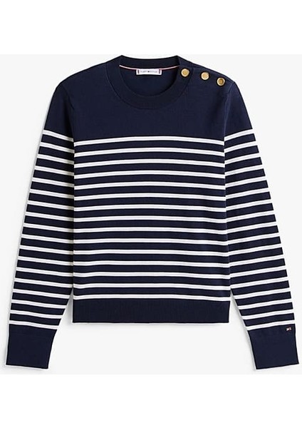 Kadın Regular Fit Omuzu Gold Düğmeli Çizgili Triko Kazak - Lacivert indirimleri