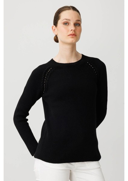 Kadın Sıfır Yaka Boncuklu Yün Kazak Siyah