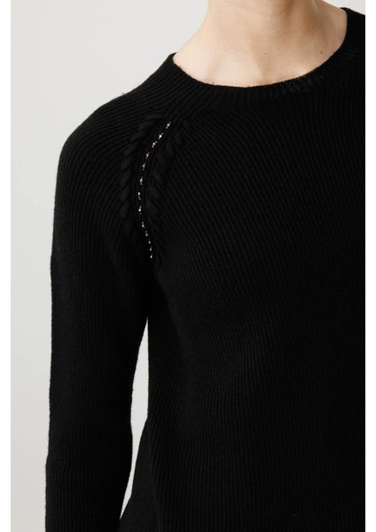 Kadın Sıfır Yaka Boncuklu Yün Kazak Siyah modelleri