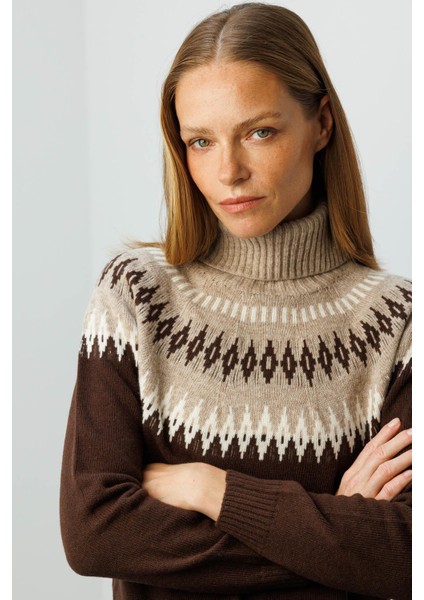 Kadın Tam Balıkçı Yaka Robası Baklavalı Yün Kazak M.kahve