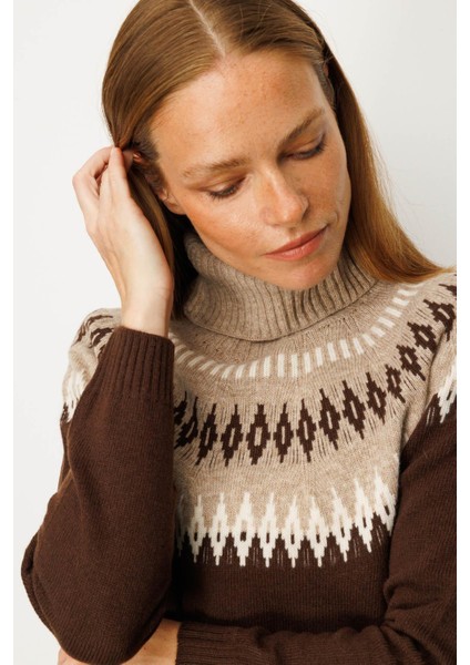 Kadın Tam Balıkçı Yaka Robası Baklavalı Yün Kazak M.kahve fiyatları