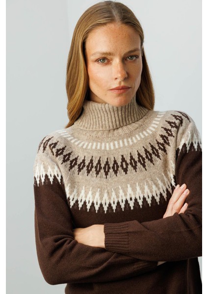 Kadın Tam Balıkçı Yaka Robası Baklavalı Yün Kazak M.kahve modelleri