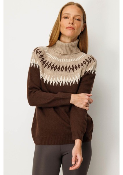 Kadın Tam Balıkçı Yaka Robası Baklavalı Yün Kazak M.kahve fırsatları