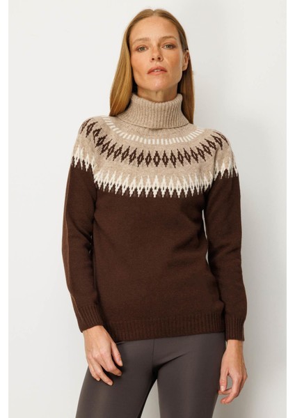 Kadın Tam Balıkçı Yaka Robası Baklavalı Yün Kazak M.kahve indirimleri