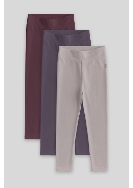 Standart Fit Basic 3lü Paket Eflatun-Koyu Bej-Kahverengi Kız Çocuk Tayt - 75047