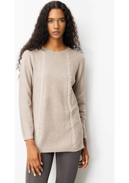 Kadın Triko Yanı Yırtmaçlı Pirinç Örgü Kazak Vizon