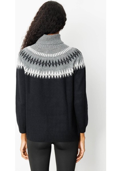 Kadın Tam Balıkçı Yaka Robası Baklavalı Yün Kazak Siyah modelleri