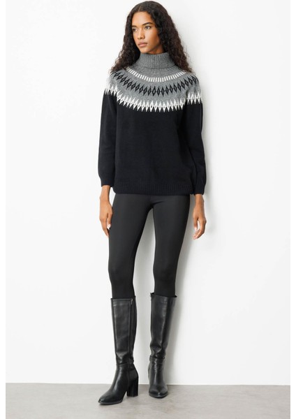 Kadın Tam Balıkçı Yaka Robası Baklavalı Yün Kazak Siyah fırsatları