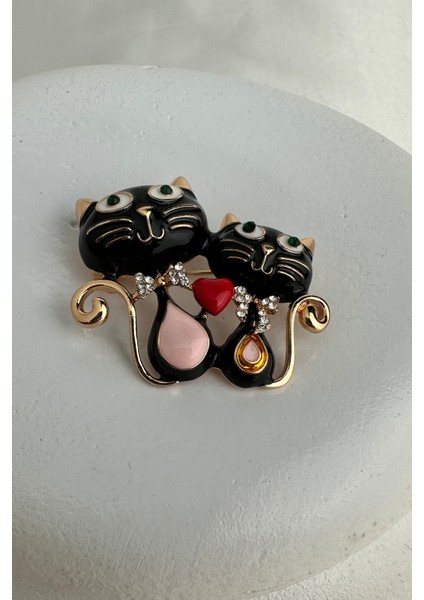 Mineli Taşlı Fiyonk Detay Sevimli Ikili Kedi Broş (4cm)