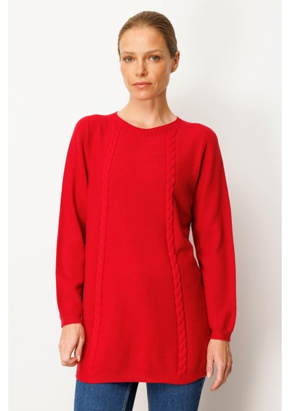 Kadın Triko Yanı Yırtmaçlı Pirinç Örgü Kazak K.kırmızı
