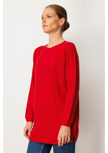 Kadın Triko Yanı Yırtmaçlı Pirinç Örgü Kazak K.kırmızı fırsatları