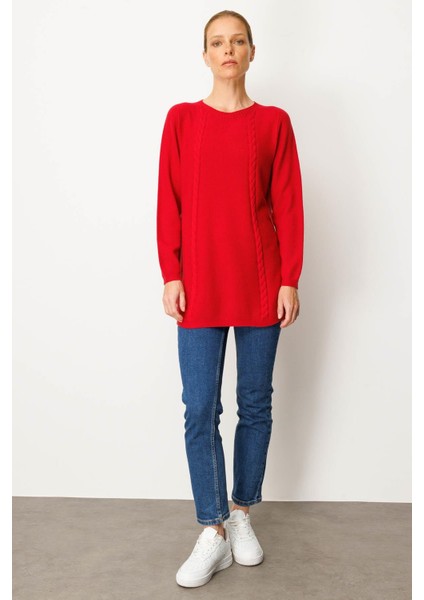 Kadın Triko Yanı Yırtmaçlı Pirinç Örgü Kazak K.kırmızı indirimleri