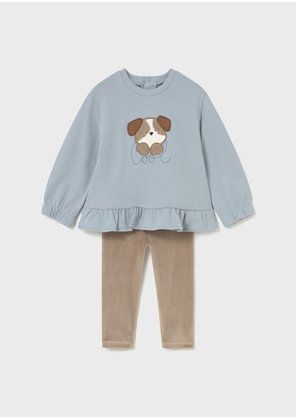 1-4 Yaş Kız Bebek Ikili Takım – Köpek Desenli Mavi Sweat ve Kahve Kadife Dar Paça Tayt