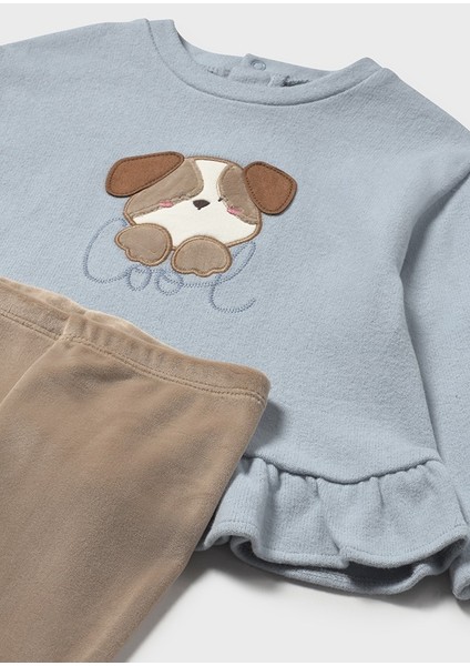 1-4 Yaş Kız Bebek Ikili Takım – Köpek Desenli Mavi Sweat ve Kahve Kadife Dar Paça Tayt modelleri
