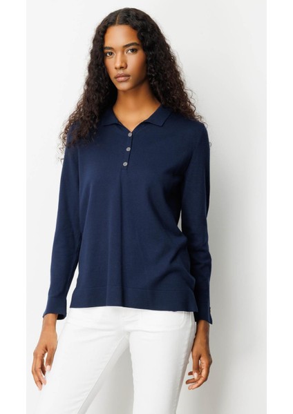 Kadın Polo Yaka Yakası ve Kolu Düğmeli Bluz Lacivert