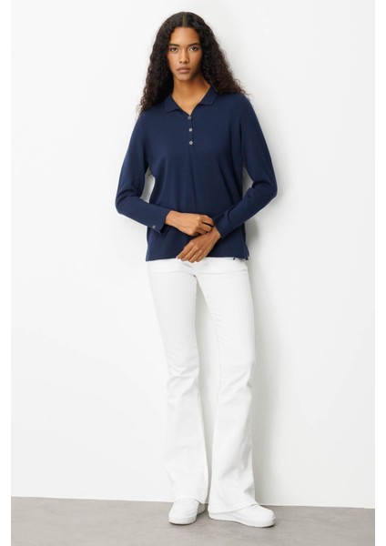 Kadın Polo Yaka Yakası ve Kolu Düğmeli Bluz Lacivert indirimleri
