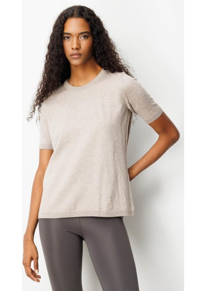 Kadın Sıfır Yaka Kısa Kollu Düz Bluz Vizon