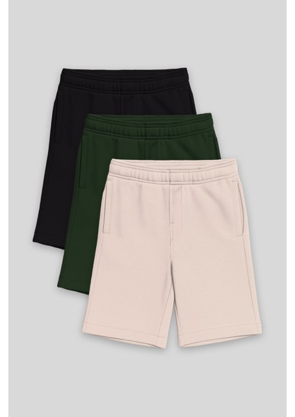 Standart Fit Basic 3lü Paket Siyah-Çam Yeşili-Bej Erkek Çocuk Şort - 11293