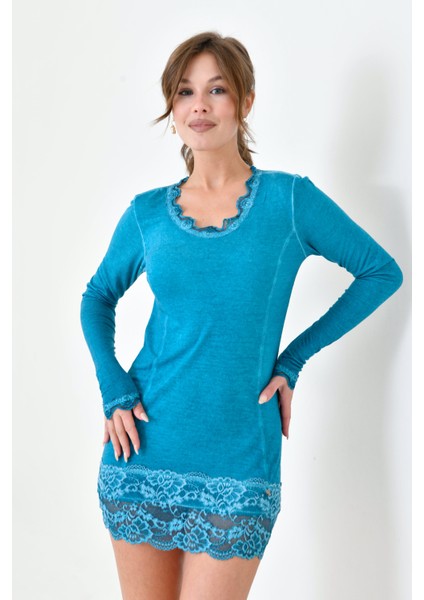 Kadın Viskon Dantel Detaylı Uzun Kol Curve Spor Şık Bluz Tunik