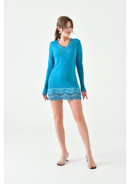 Kadın Viskon Dantel Detaylı Uzun Kol Curve Spor Şık Bluz Tunik fırsatları