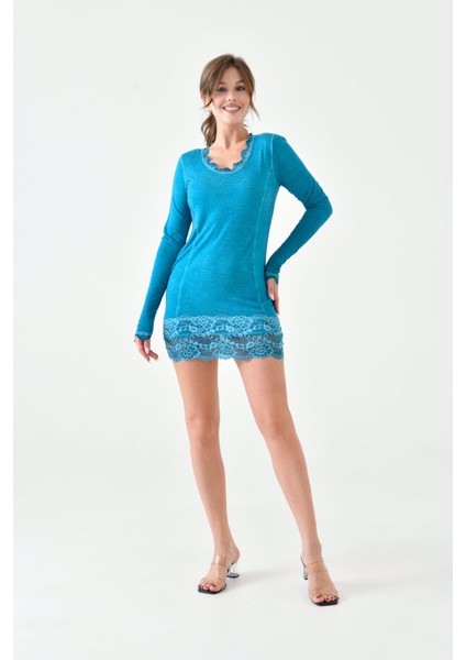 Kadın Viskon Dantel Detaylı Uzun Kol Curve Spor Şık Bluz Tunik indirimleri