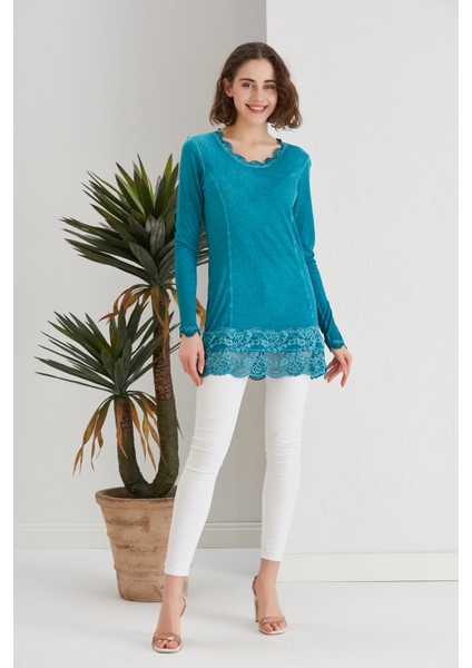 Kadın Turkuaz Mavi Dantel Detaylı Uzun Kol Curve Spor Şık Bluz Tunik fiyatları